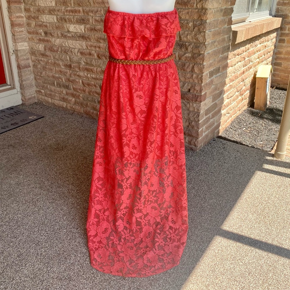 🌵 Trixxi Lace High Low Strapless Summer Dress Coral/Pink/Orange Size L Junior - Picture 7 of 10